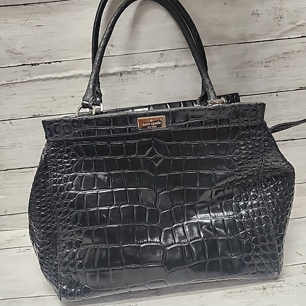KATE SPADE New York Ridgely Ave Becky Satchel Croc Embossed Leather Black Bag